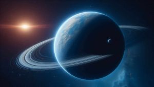 Planète avec anneaux et soleil lointain