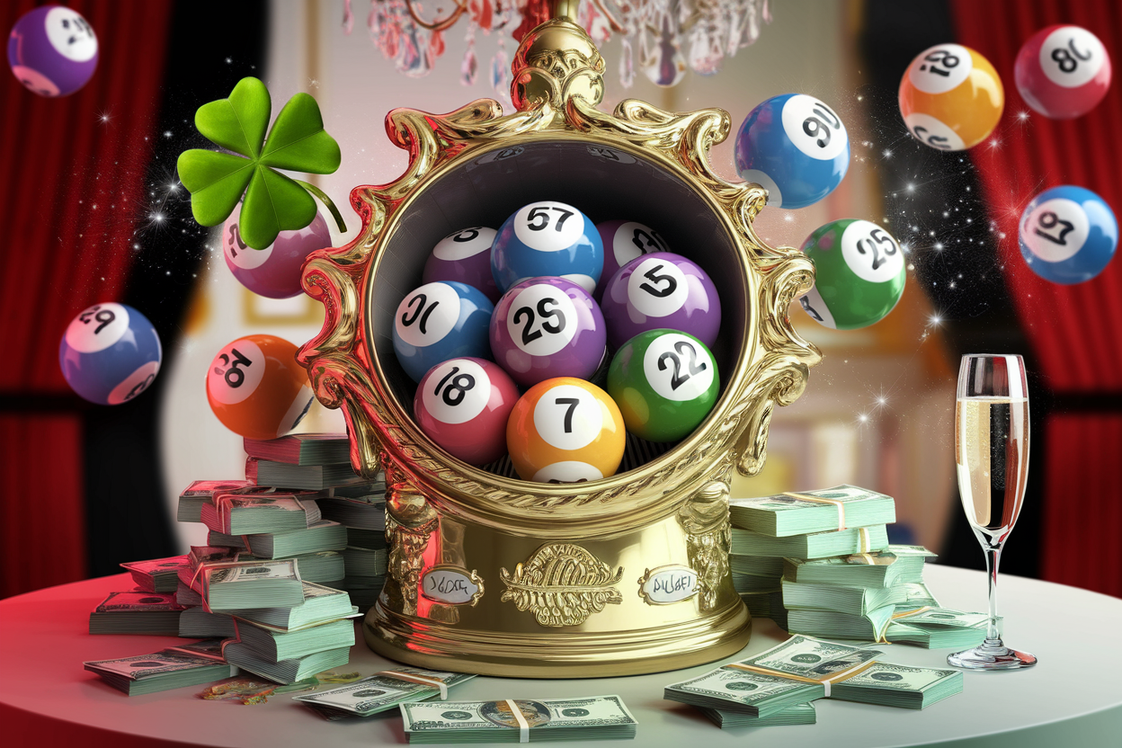 Loterie avec boules colorées, billets et champagne.