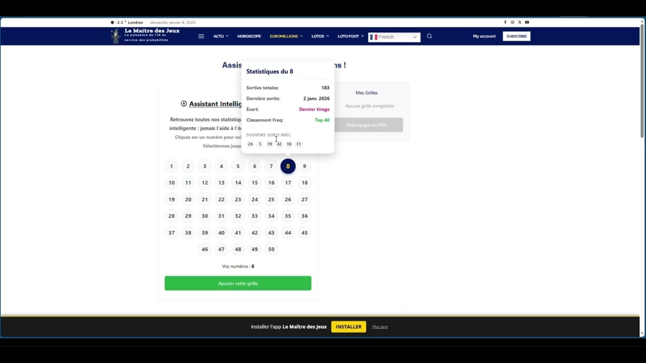 Statistiques d'Euromillions avec numéro sélectionné et sorties.